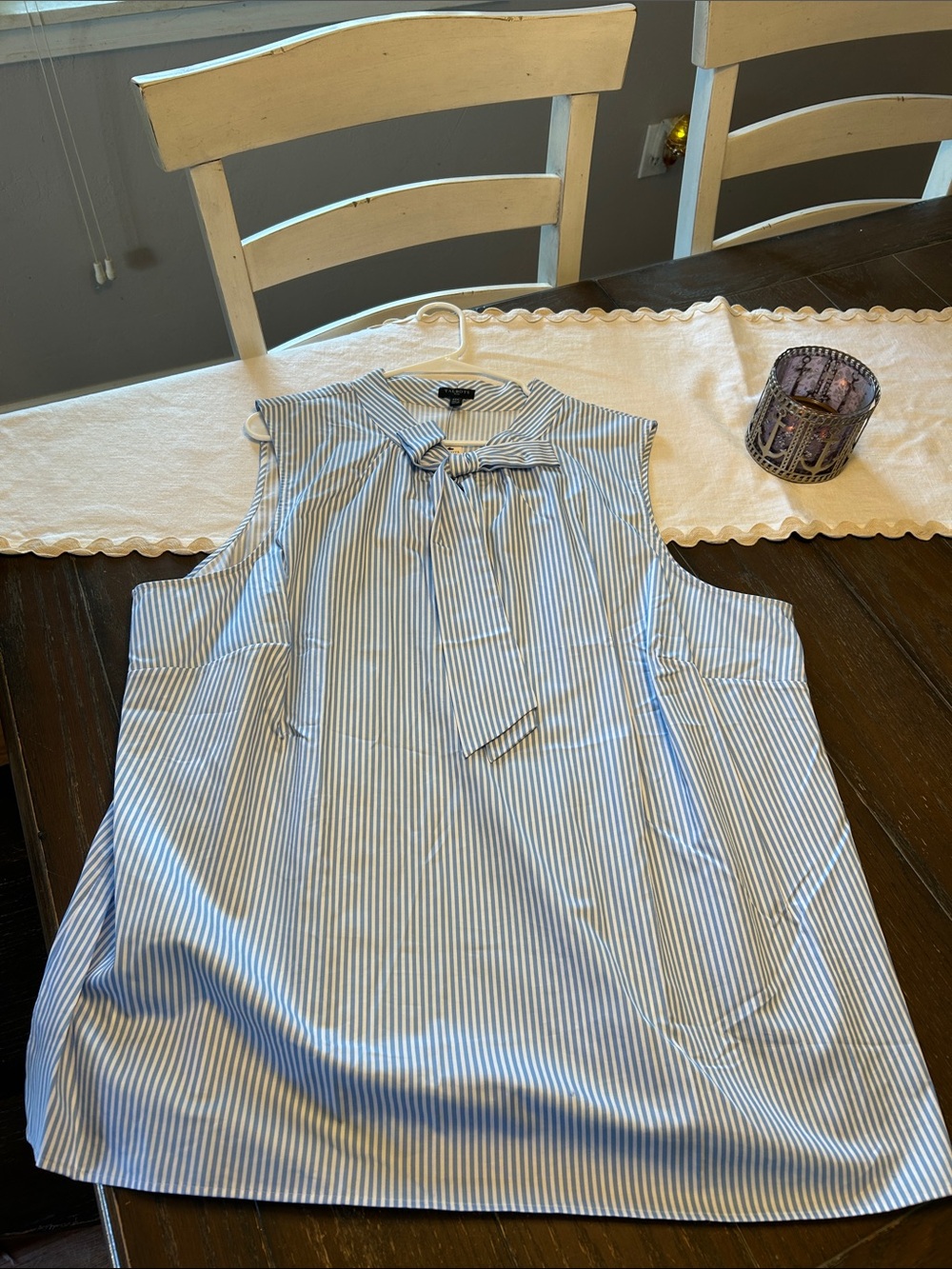 Talbots Blue and White Stripe Sleeveless Bow Neck Blouse